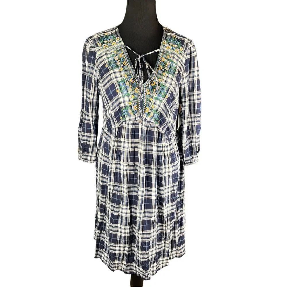 Westport 1962 Women Blue fall plaid embroidered Casual Dress L New with tags